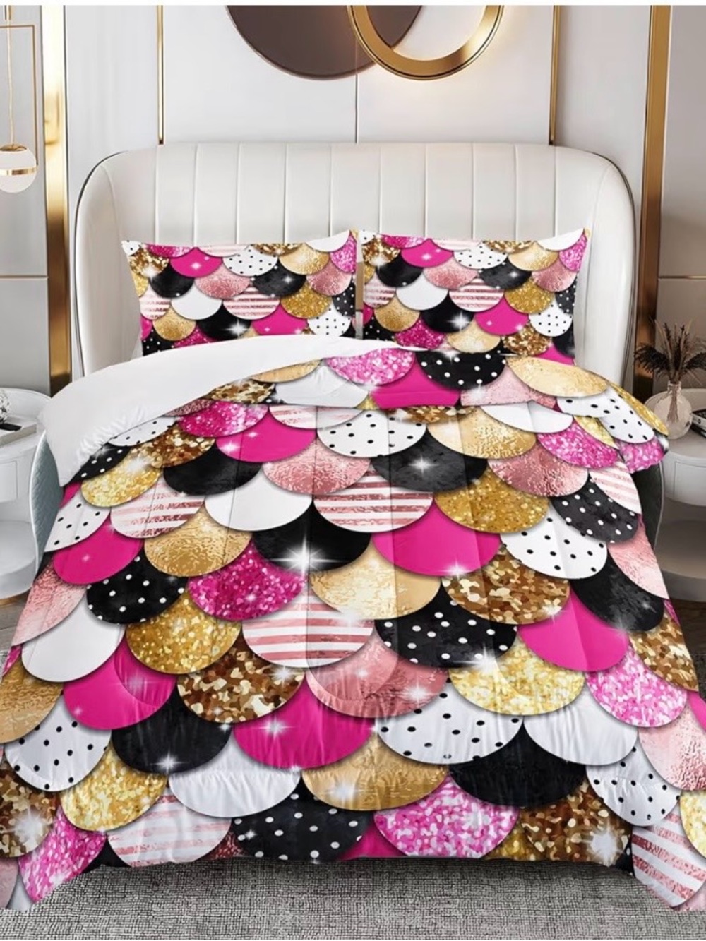 Luxury Pink Gold Black Scalloped Comforter Set